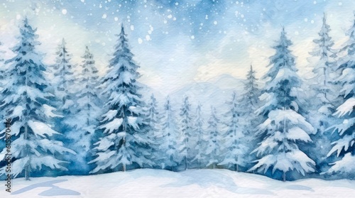Winter landscape with snowy pines under snowfall. Generative AI.