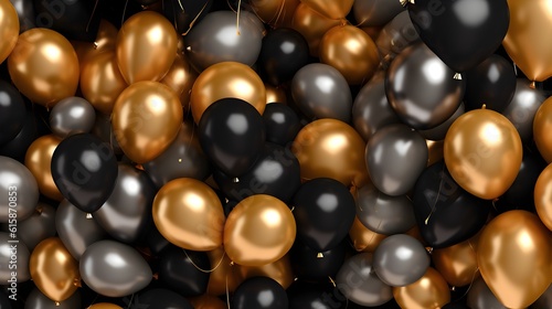 Golden and black balloons with confetti bokeh particles Celebration with balloons background, generative ai