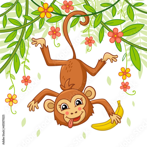 A funny cartoon monkey with a banana hangs on a branch. Iema jungle. For the design of children s prints  posters  stickers  cards  puzzles and so on.Vector