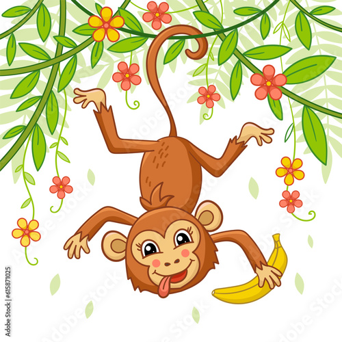 A funny cartoon monkey with a banana hangs on a branch. Iema jungle. For the design of children's prints, posters, stickers, cards, puzzles and so on.Vector