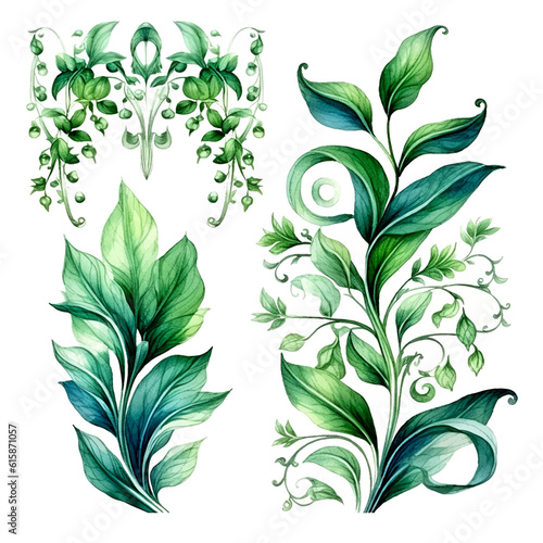Green vine climbing plant with green leaf set, flat vector illustration isolated on white background. Green vines plant decorative