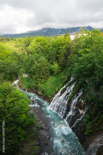 Shirahige Falls  Biei  Hokkaido  Japan  waterfall flowing off the mountain