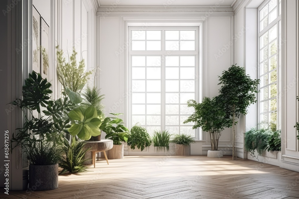 Fototapeta premium Realistic, lovely green houseplants in a corner of a white living room with a high ceiling, a traditional gypsum wall frame panel, and a wooden parquet floor. Mockup, Overlay, Mockup, and Background