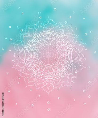 Hand-drawn mandala on abstract background, pink and blue.