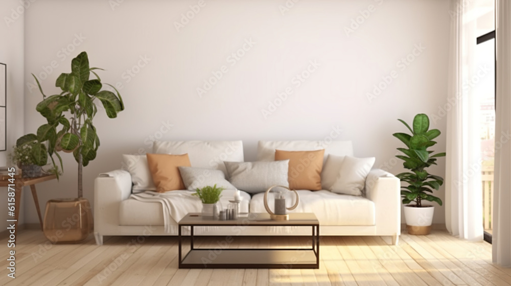 Naklejka premium Scandinavian interior design. Modern living room in white color with sofa. 3D illustration.. Generative AI