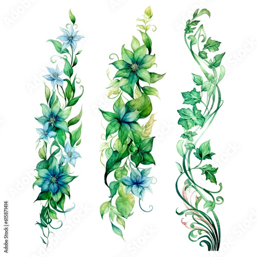 Green vine climbing plant with green leaf set, flat vector illustration isolated on white background. Green vines plant decorative