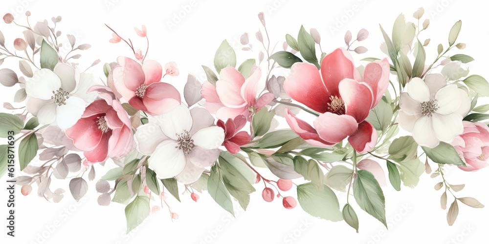 acuarela  con flores en tonos rosas, rojos, verdes y blancos sobre fondo blanco.Ilustracion de Ia generativa - obrazy, fototapety, plakaty 