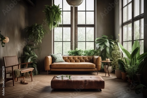 Retro brown leather couch, green tropical fern plants in pots, and a low sill window can all be found in a modern loft living room with plywood walls and floors. Interior mockup in a straightforward u © Vusal