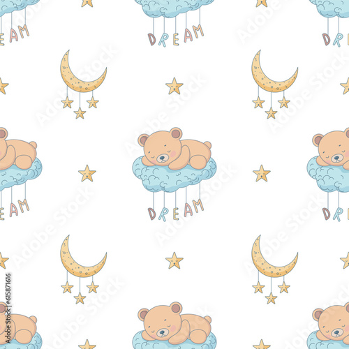 Seamless pattern teddy bear sleeps on a cloud, moon and stars. Baby Colorful Wallpaper. Great for Baby Pajamas or Bedding.