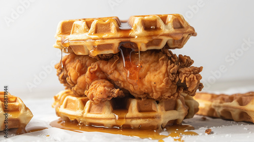 Chicken and waffles drizzled with syrup photo