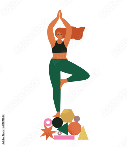 Girl with yoga balance. Self care, love, wellbeing. Art vector illustration