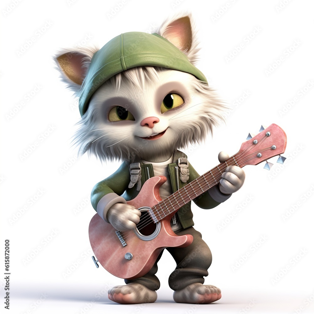 Cute cat cartoon playing guitar. illustration. Generative AI Cute cat cartoon playing guitar. illustration. Generative AI