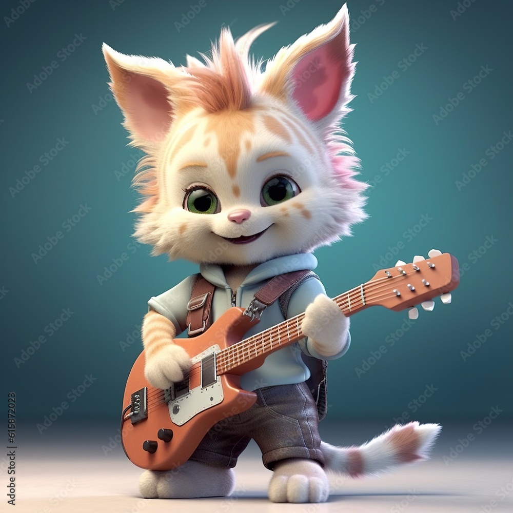 Cute cat cartoon playing guitar. illustration. Generative AI Cute cat cartoon playing guitar. illustration. Generative AI