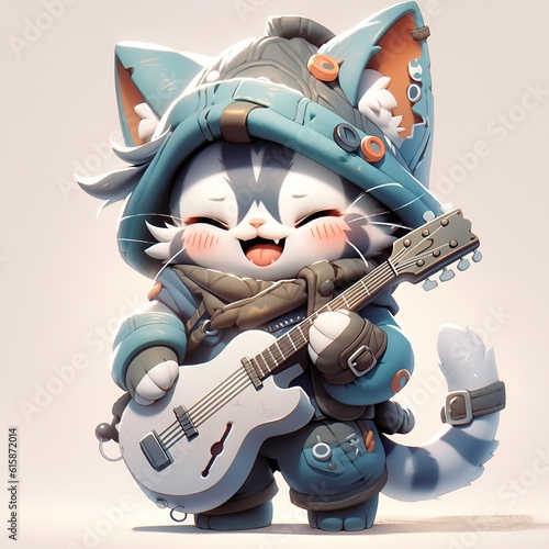 Cute cat cartoon playing guitar. illustration. Generative AI