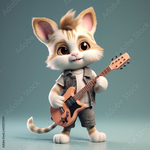Cute cat cartoon playing guitar. illustration. Generative AI © Irina