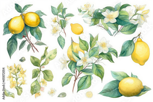 Watercolor painting of some lemons on a white background. Generative AI.