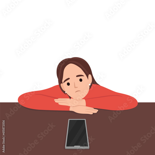 Unhappy young woman feel frustrated looking at cellphone waiting for call or message. Upset confused girl distressed with missing notification on smartphone. Flat vector illustration isolated on white