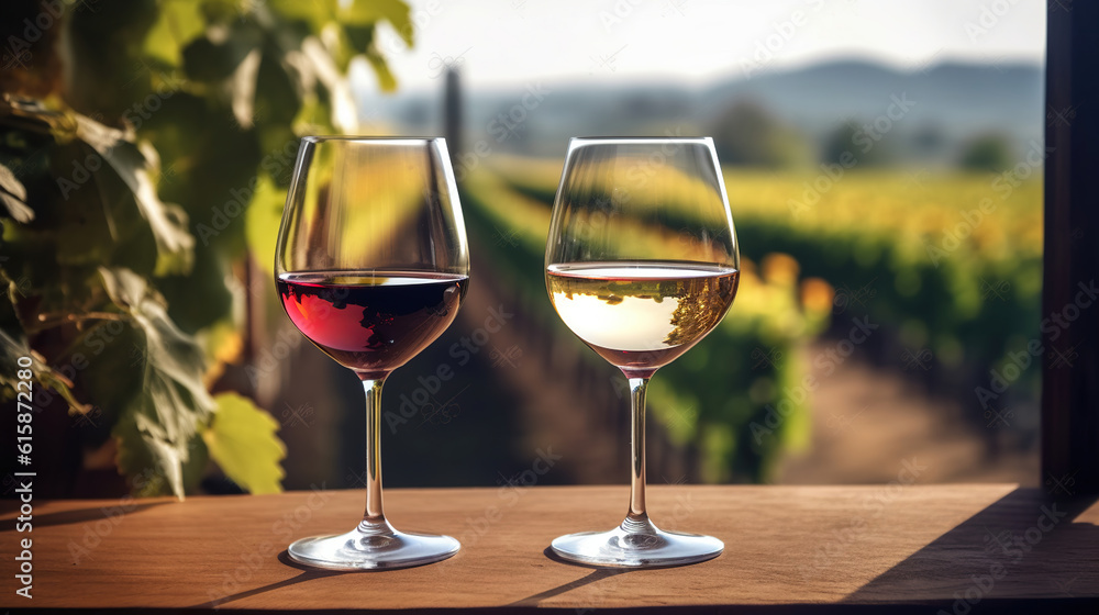 In the winery, red and white wines are being tasted. There are full wine glasses next to a window with a beautiful vineyard in the backdrop. Generative AI