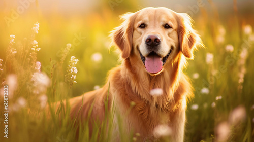 Golden Retriever dog on the grass in the meadow.Concept of national golden retriever day.
