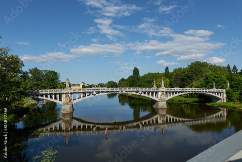 Nymburk, Czech Republic - May 30, 2023 - the road bridge in Nymburk carries the road over the Elbe, on a sunny spring afternoon 