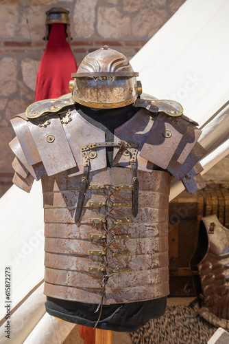 ancient roman empire soldier clothing, armor and imperial helmet, lorica segmentata and imperial helmet or galea