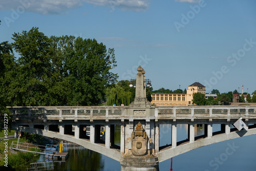 Nymburk, Czech Republic - May 30, 2023 - the road bridge in Nymburk carries the road over the Elbe, on a sunny spring afternoon 