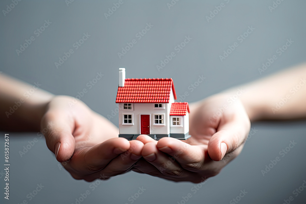 Miniature house in woman hands on grey background. New house, home Insurance and real estate investment. Mortgage, home loan. Generative AI - obrazy, fototapety, plakaty 
