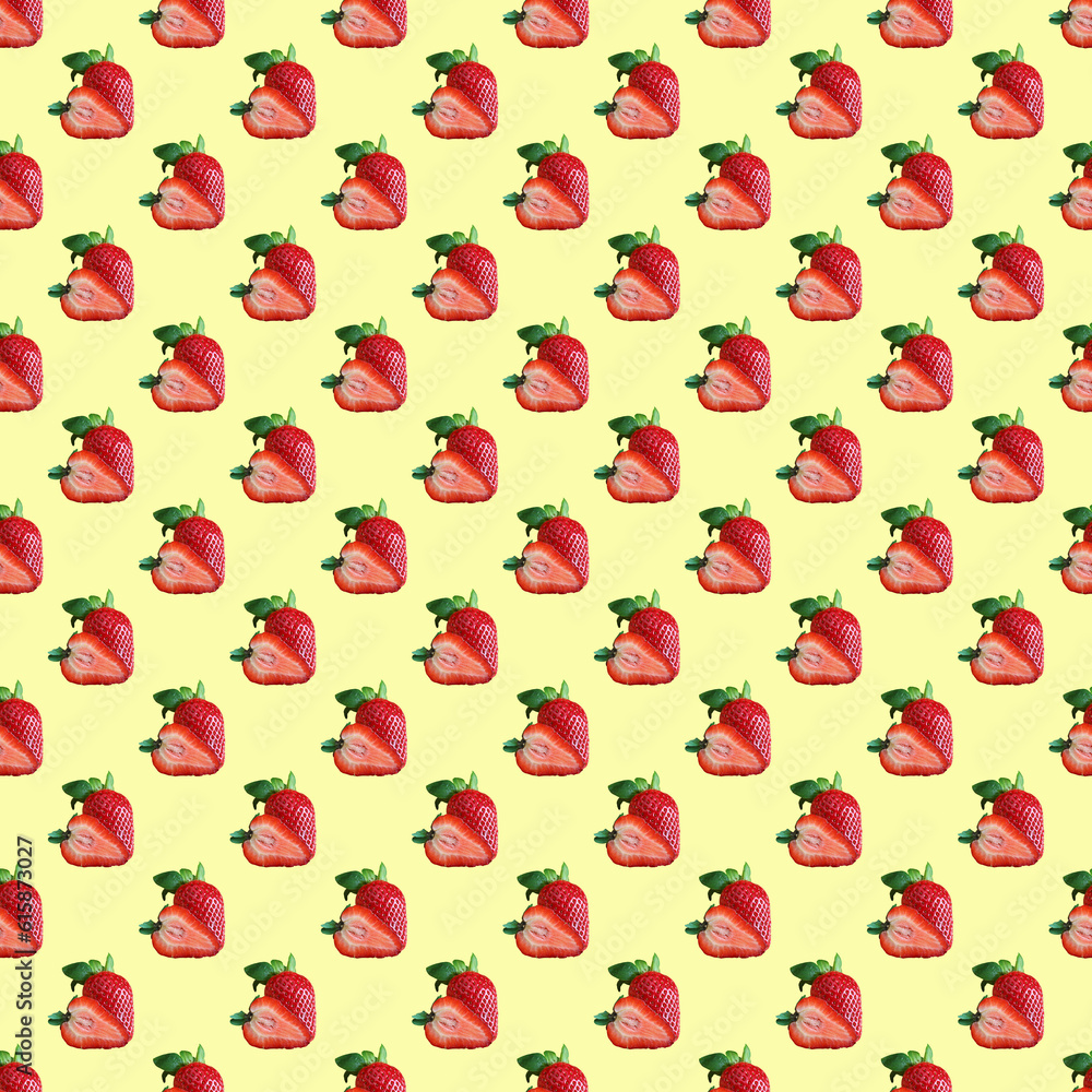 Seamless Pattern of Fresh Strawberry Whole Fruit and Cross Section Created Heart Shape on Creamy Yellow Backdrop