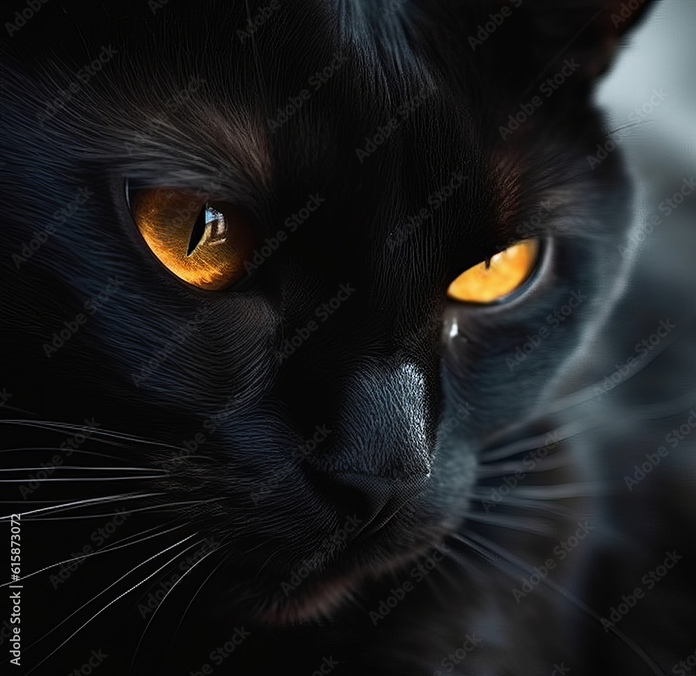 black cat with amber eyes, created with Generative AI Technology 