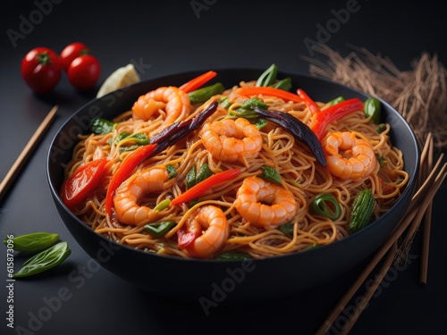 Stir fried noodles with shrimps and vegetables. ai generative