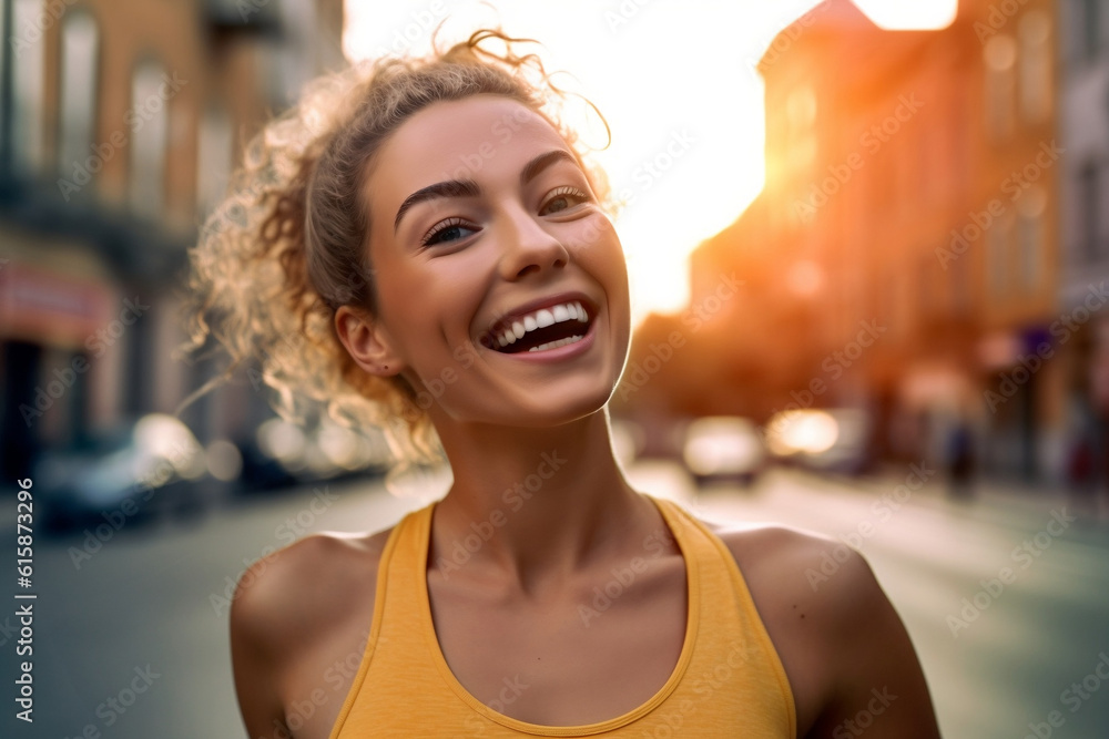 girl wearing sports outfit smiling in the city