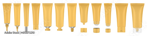 Set of gold tubes and bottles. Roller ball tube. Open and closed blank tubes with screw cap. Realistic mockup. Long nozzle tube. Ointment or salve. Gel serum. Korean packaging