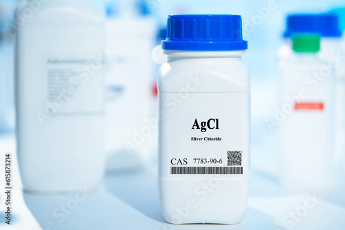 AgCl silver chloride CAS 7783-90-6 chemical substance in white plastic laboratory packaging photo