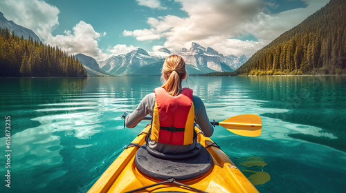 A Lady's Kayaking Adventure amidst a Breathtaking Lake Landscape. Generative AI
