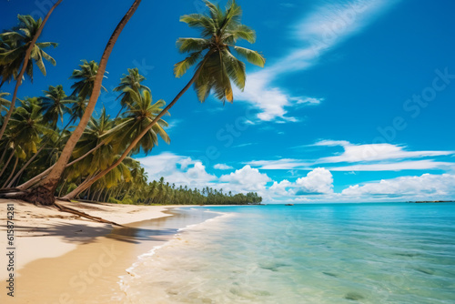 Beautiful tropical beach sea ocean with coconut and other tree around white cloud on blue sky photography