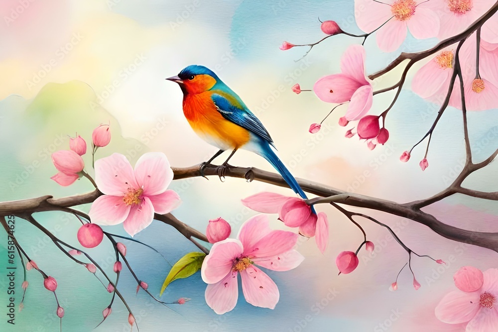 bird on branch with colorful flowers generated AI