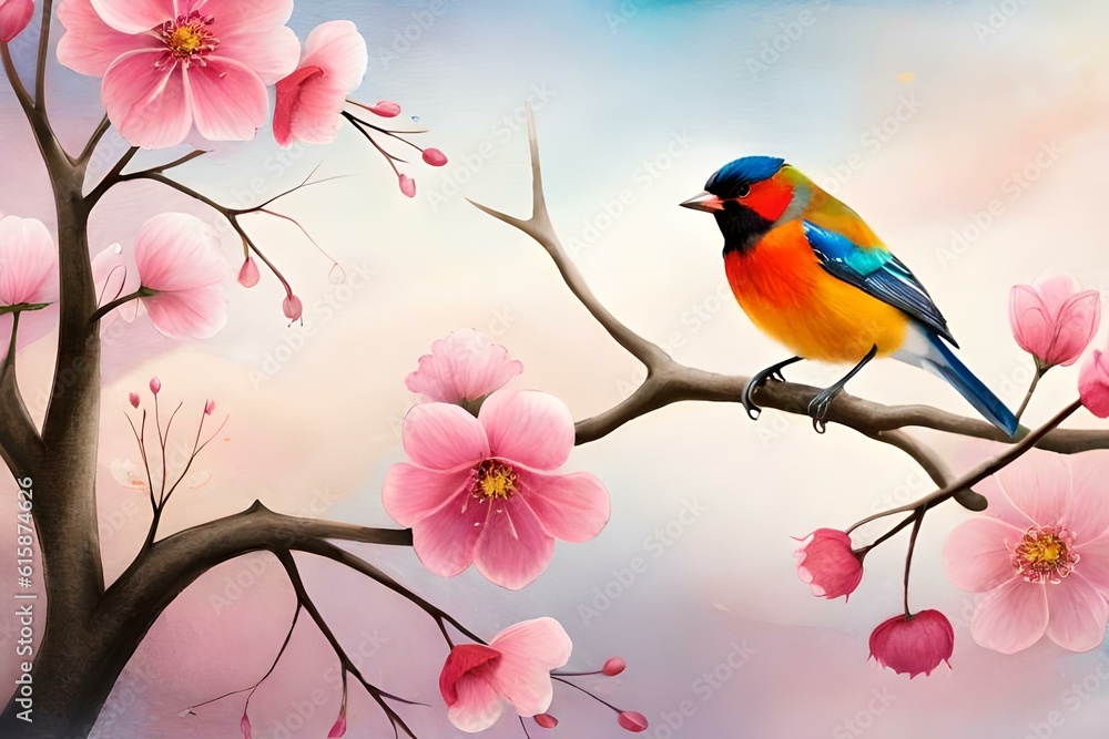 bird on a branch with flower generated AI