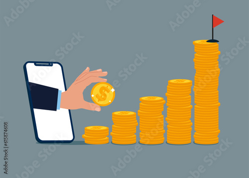 Start invest in stock market over the online, collecting wealth. Flat vector illustration