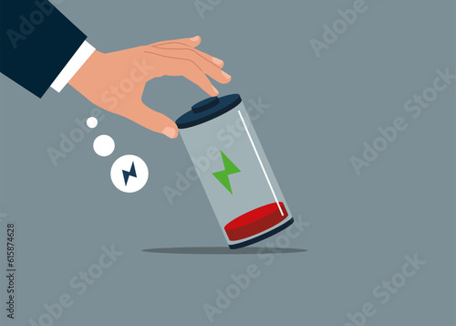 Hand human tried to prevent a large battery from falling over it. Fight burnout at work. Intolerance to burnout syndrome. Recharge energy yourself. Flat vector illustration