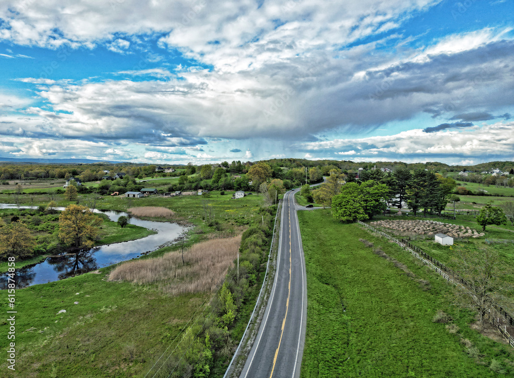 Aerial view of a country road in Campbell Hall, New York