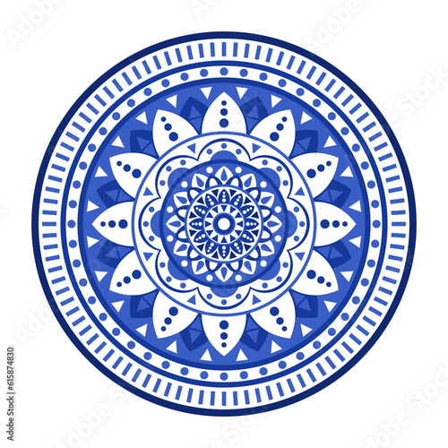 Porcelain plate with traditional blue on white design in Asian style. design pattern for background, plate, dish, bowl, lid, tray, salver, vector illustration art embroidery. mandala ornament plate.