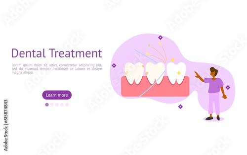 dental care illustration set. characters use a dental floss to clean and whiten teeth. cleaning teeth by dental floss concept. vector illustration.