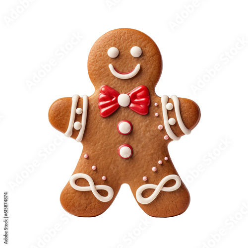 gingerbread man with a smile and a red bow tie.