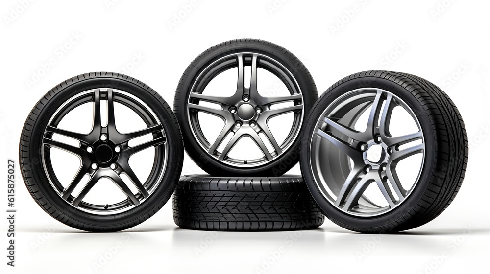 Set of car tires and wheels isolated on a white background. Generative AI Set of car tires and wheels isolated on a white background. Generative AI