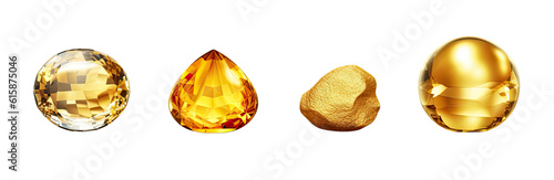 A group of different structural gold stones, transparent background, png