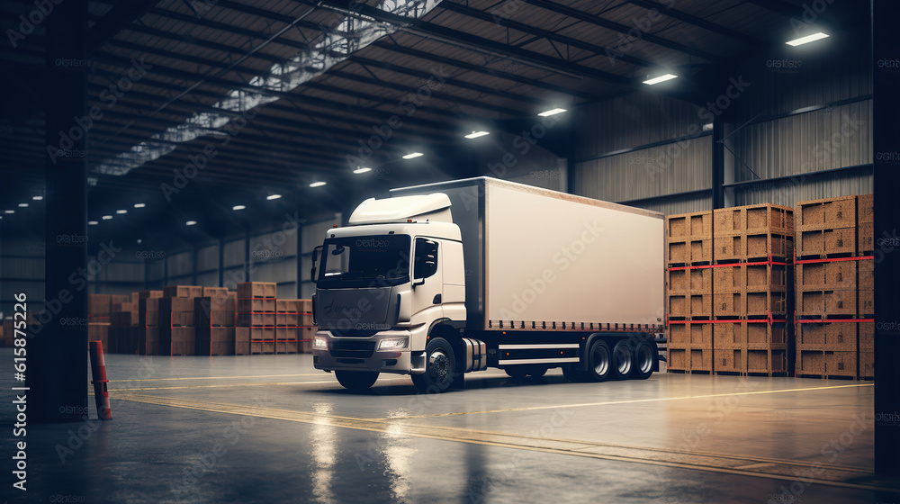 Trucks loading inside a warehouse, Generative AI Trucks loading inside a warehouse, Generative AI