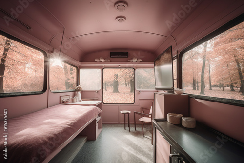 Minimalist motor home Pink color palette. Centered perspective. Interior Design © MadSwordfish