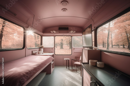 Minimalist motor home Pink color palette. Centered perspective. Interior Design