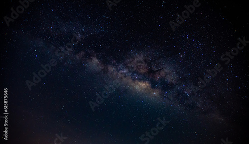 Fototapeta Naklejka Na Ścianę i Meble -  Panorama blue night sky milky way and star on dark background.Universe filled with stars, nebula and galaxy with noise and grain.Photo by long exposure and select white balance.selection focus.amazing