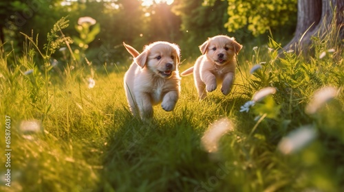 Süße Hundewelpen im Sonnenlicht auf einer Wiese, Spielen, generative AI photo